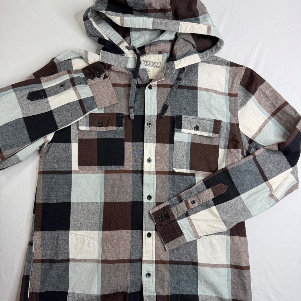 Ezekiel Mens XL Hooded Plaid Flannel Shirt Brown Grey Cotton EL3310ND Skater
